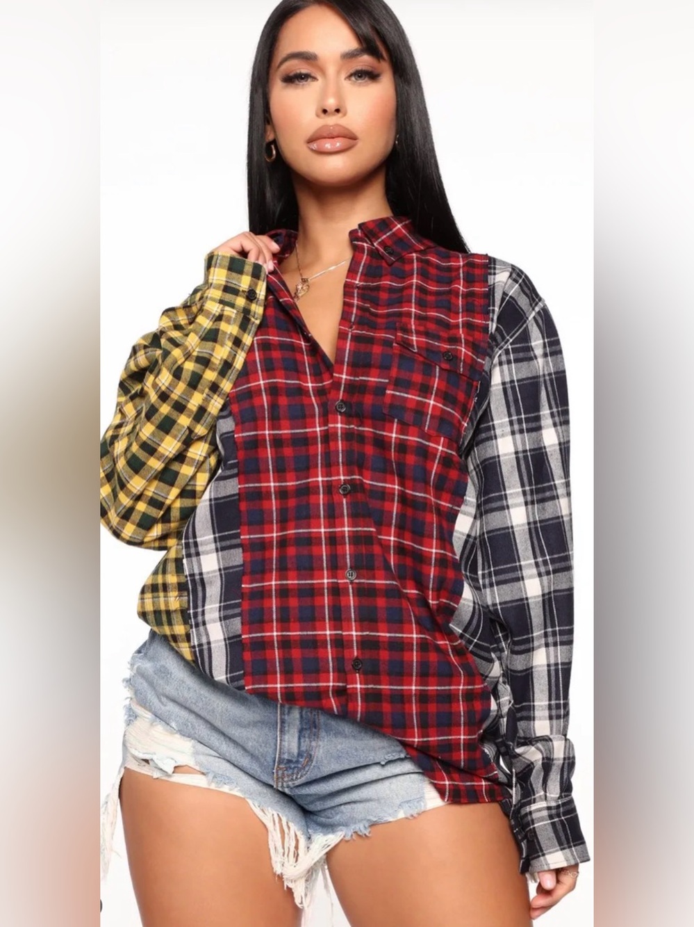 Fashion Nova Patchwork Plaid Button-Up Shirt Red, Yellow, Black & White Medium